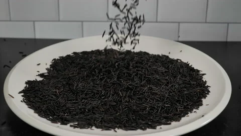 Wild rice is sprinkled onto a white platter. Video stock 140267352