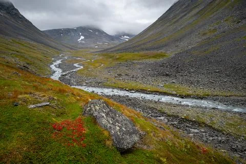 Wild river flowing through harsh, remote arctic valley on a cloudy, rainy day of Stock Photos