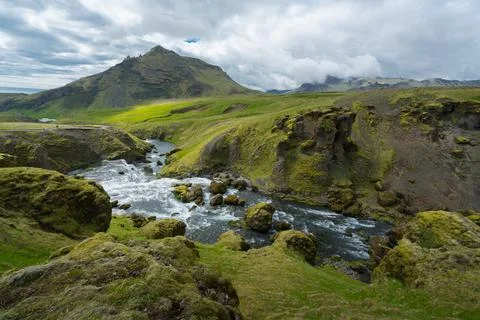 Wild river flows through green landscape in Iceland. Stock Photos