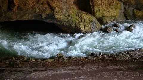 Wild river Rak flowing in Weaver Cave entrance, Rakov Skocjan Stock Footage 150396723