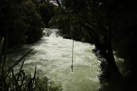 Wild River Rapids Below Forest Waterfall Rope Foto stock