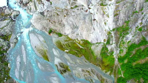 Wild river with rapids birds eye Jostedalsbreen glacier Nigardsbreen HDR Stock Footage 209307808