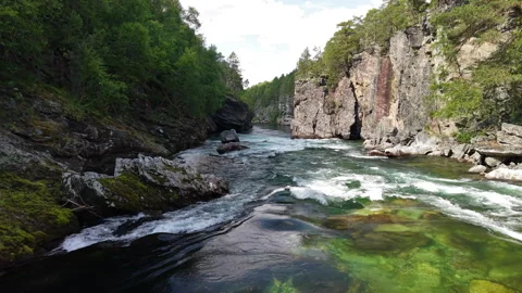 Wild River Rapids through Rocky Canyon, Oppdal Norway Stock Footage 318534191