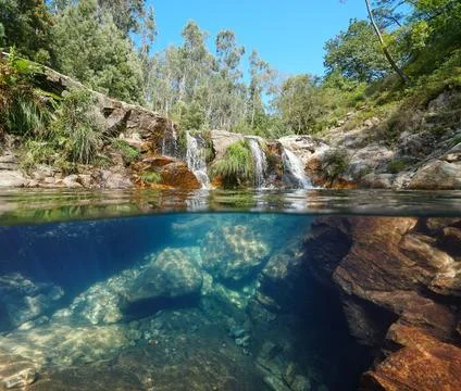 Wild river with small waterfall split level view over and underwater Foto stock