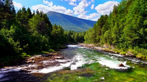 Wild River Stream under Mountain Peaks, Oppdal Norway Stock Footage 318533587
