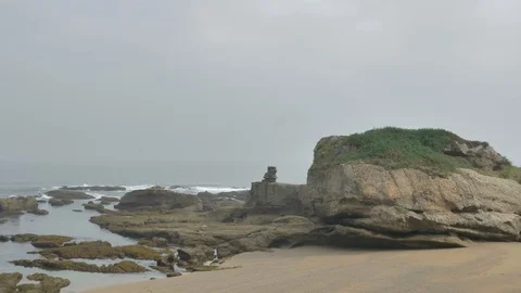 Wild rocky beach overcast at the cloudy day Stock Footage 95545665