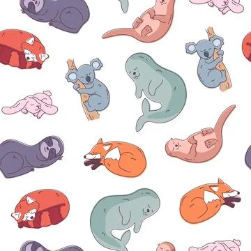 Wild sleeping animals seamless pattern. Cartoon sleepy otter, seal, koala Stock Illustration