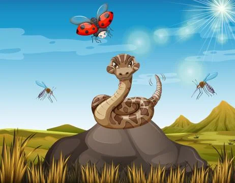 Wild snake on the rock with many bugs Stock Illustration