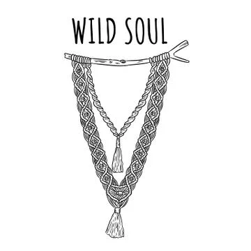 Wild soul. Macrame boho style label. Textile knotting design element. Simple Illustrazione stock