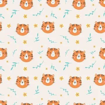 Wild tiger face seamless pattern. Cute animal childish vector texture Stock Illustration