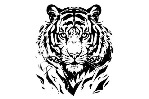 Wild Tiger Head Vector Illustration, Black and White Sketch Design Stock Illustration