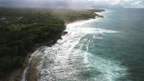 Wild Tropical Beach with Strong Waves and Lush Jungle. Aerial View Stock Footage 314805072
