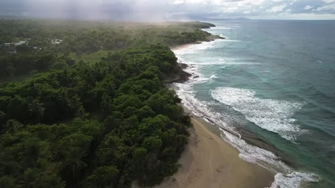 Wild Tropical Beach with Strong Waves and Lush Jungle. Aerial View Stock Footage 314805096