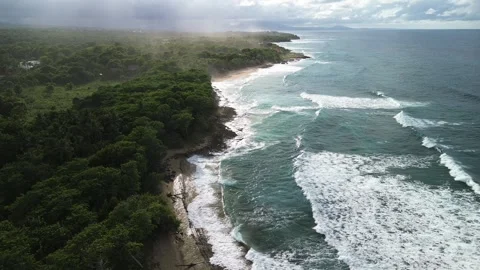 Wild Tropical Beach with Strong Waves and Lush Jungle. Aerial View Stock Footage 314805165