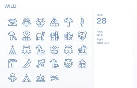 Wild Vector Icon Set with 28 Bold Line Retina Ready Detail Enhanced Graphics Stock Illustration