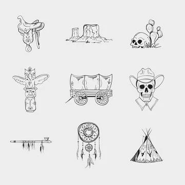 Wild West and Native American doodle vector element set featuring skull tee.. Stock Illustration