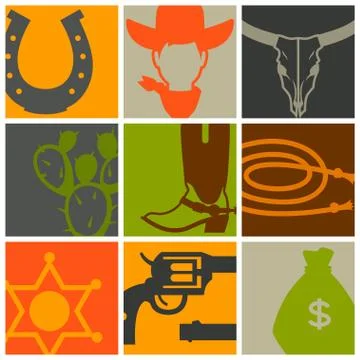 Wild west background with cowboy objects and design elements Illustrazione stock