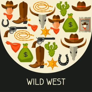 Wild west background with cowboy objects and design elements Illustrazione stock