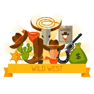 Wild west background with cowboy objects and design elements Illustrazione stock