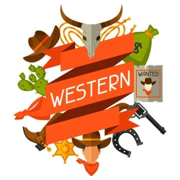 Wild west background with cowboy objects and design elements Illustrazione stock