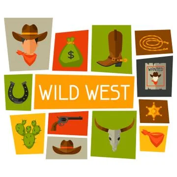 Wild west background with cowboy objects and design elements 스톡 일러스트