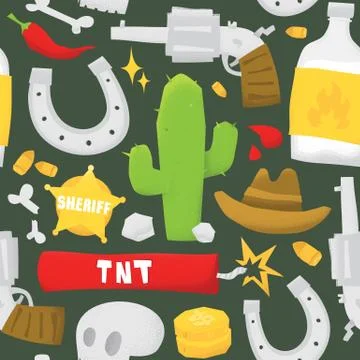 Wild west cartoon cowboy objects seamless pattern illustration on white イラスト素材