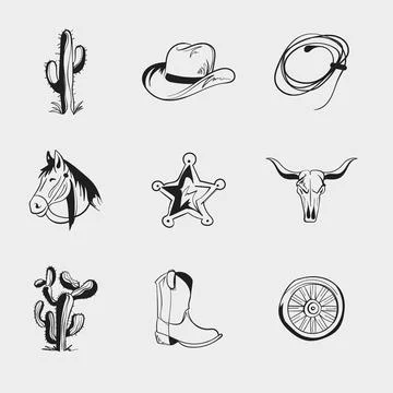 Wild West cowboy doodle vector element set featuring hat boot cactus horse .. Stock Illustration