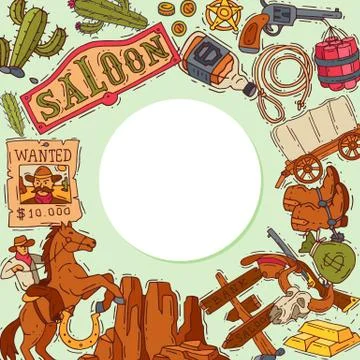 Wild west cowboy elements background with place for text. Colorful cowboy 스톡 일러스트