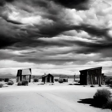 Wild west desert cloudy sky creepy scene old buildings left behind Ilustración de archivo