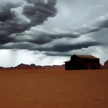 Wild west desert cloudy sky red desert sand dark creepy building Illustrazione stock