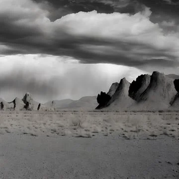 Wild west desert cloudy sky creepy scene rock formations dark shadows Stock Illustration