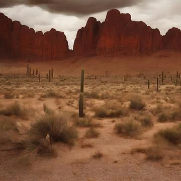 Wild west desert cloudy sky creepy scene red mountain rock cactus Stock Illustration