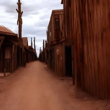 Wild west desert cloudy sky creepy scene wooden wall alley between buildings Ilustración de archivo