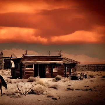 Wild west desert cloudy sky creepy scene red clouds wooden building left behi Ilustración de archivo
