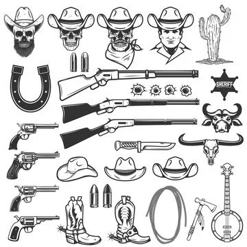 Wild West design elements. Cowboy weapon, hat, boots, lasso, cowboy skull. De Illustrazione stock