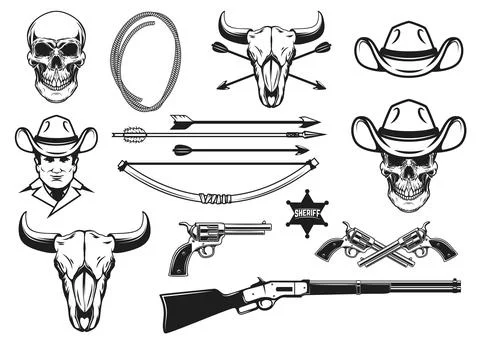 Wild West design elements. Cowboy weapon, hat, lasso, cowboy skull. Design el 스톡 일러스트