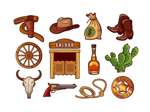 Wild West elements. 3d cowboy cactus. Cowboy hat and boots. Cow or horse skull イラスト素材