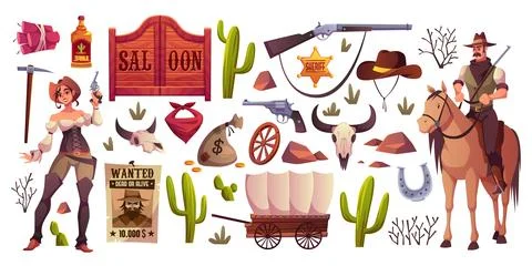 Wild west elements. Cartoon western objects, cowboy accessories, horse rider and Stock Illustration