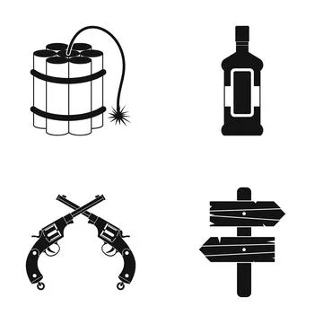 Wild west elements including dynamite, revolvers, and saloon sign Stock Illustration