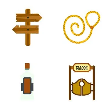 Wild west elements including lasso, saloon doors, and signpost Stock Illustration