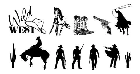 Wild west elements Line art Vector illustrations. Illustrazione stock