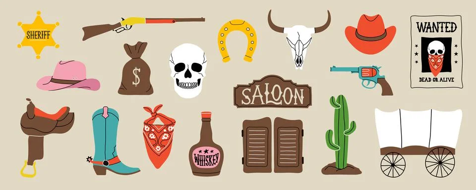 Wild west elements in modern flat, line style. Hand drawn vector illustrations Stock Illustration