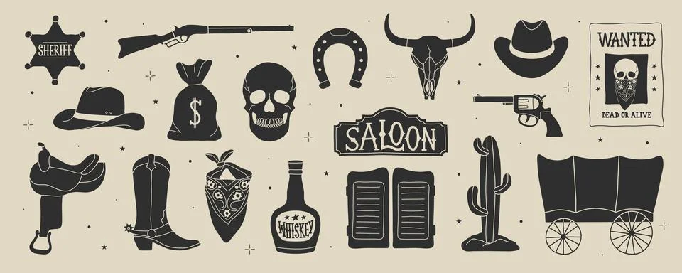 Wild west elements in modern flat, line style. Hand drawn vector illustration Stock Illustration