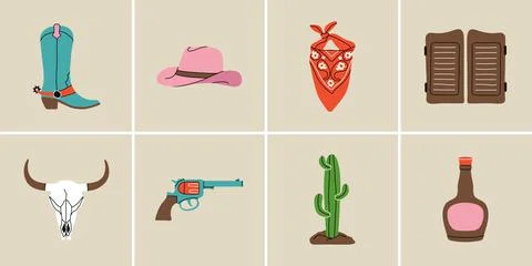 Wild west elements in modern style flat, line style. Hand drawn vector Stock Illustration