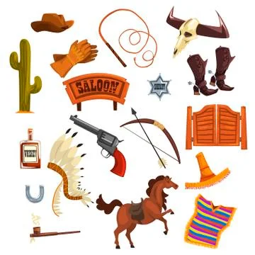 Wild west elements set, cowboys accessories and symbols vector Illustrations Illustrazione stock
