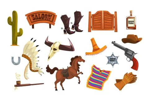 Wild west elements set, cowboys accessories and symbols vector Illustrations Illustrazione stock