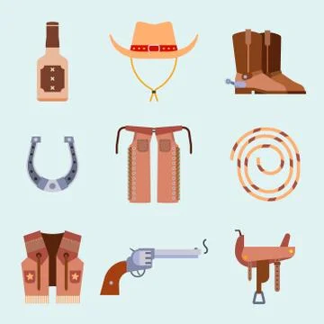 Wild west elements set icons cowboy rodeo equipment and different accessories イラスト素材