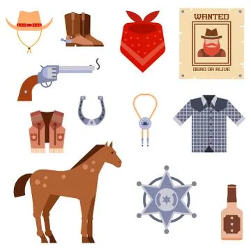 Wild west elements set icons cowboy rodeo equipment and different accessories Illustrazione stock
