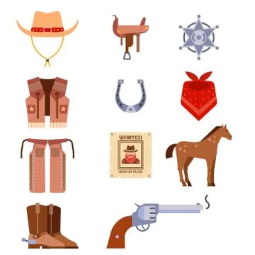 Wild west elements set icons cowboy rodeo equipment and different accessories 스톡 일러스트