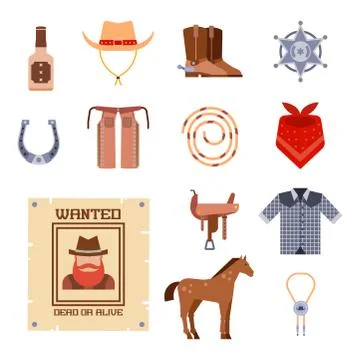Wild west elements set icons cowboy rodeo equipment and different accessories 스톡 일러스트